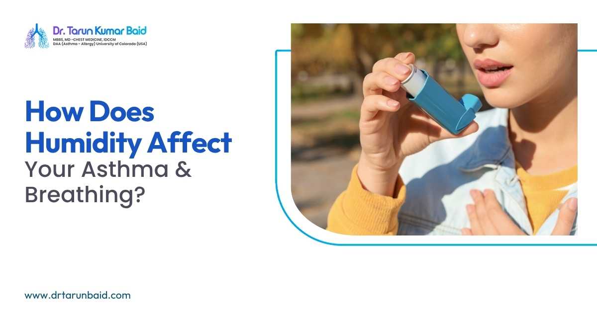 Person using an asthma inhaler for breathing relief, demonstrating how humidity, weather changes, and environmental triggers can affect asthma symptoms